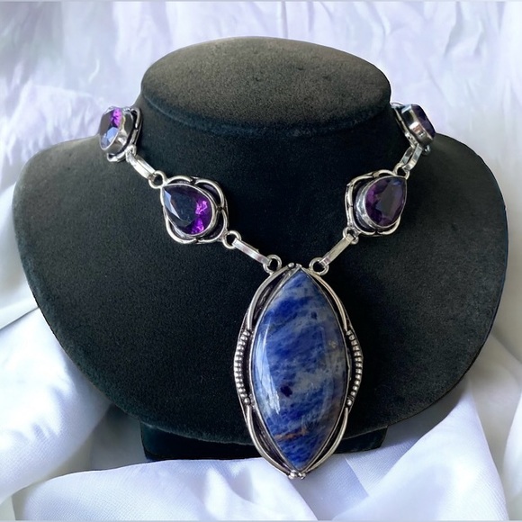 925 sterling silver overlay purple amethyst & blue sodalite stone boho necklace - Picture 2 of 15